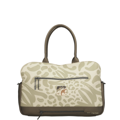 Mala de mão bege com padrão de manchas e alças castanhas