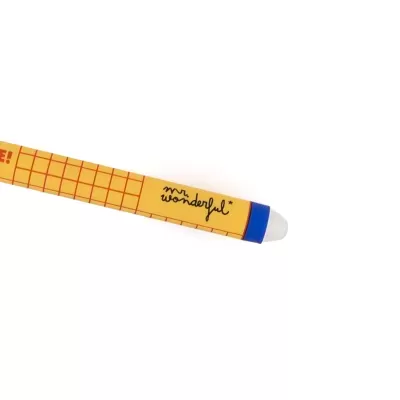 Marcador amarelo e azul com padrão xadrez e texto mr. wonderful *.