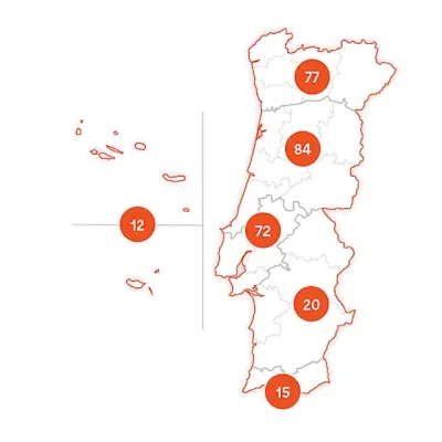 Mapa de Portugal com círculos laranjas e números indicando regiões