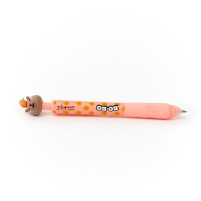 Caneta cor-de-rosa com padrão de laranjas e decoração de urso no topo