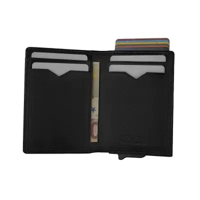 Carteira preta em pele com compartimentos para cartões e nota euro