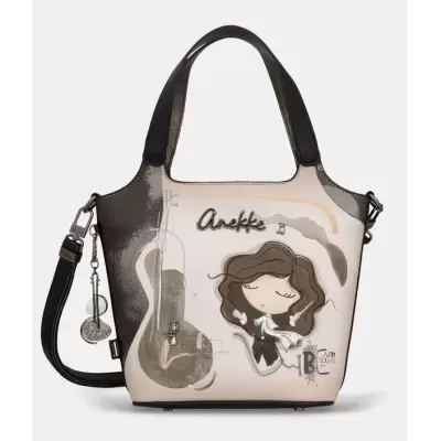 Mala de mão beje com design de rapariga e guitarra e alças castanhas