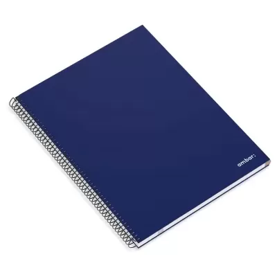 Caderno espiral azul com capa dura e texto 'ambar'