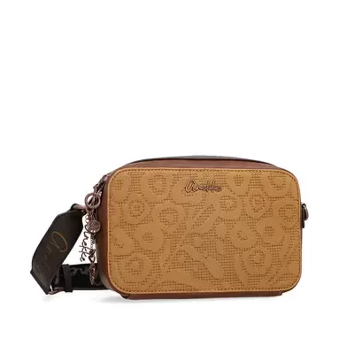 Bolsa castanha com padrão floral em relevo e alça larga castanha escura