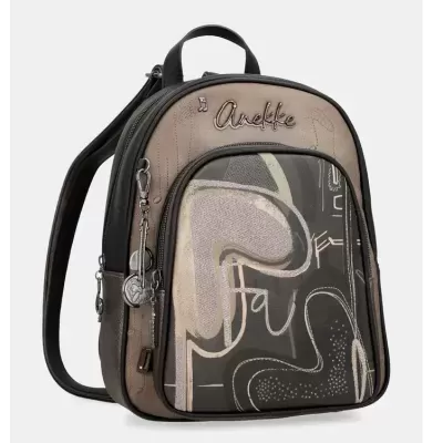 Mochila pequena Anekke castanho e preto com padrão abstrato e pendentes metálicos