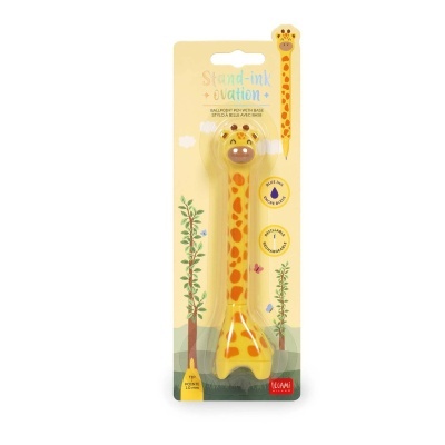 Caneta esferográfica amarelo em forma de girafa em embalagem amarela com texto e ilustrações