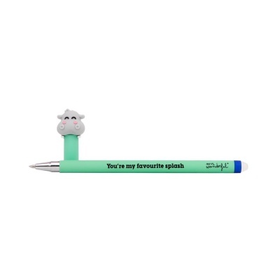 Caneta verde menta com decoração de hipopótamo e texto impresso