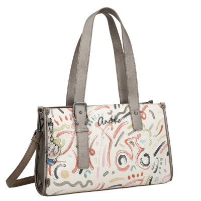 Mala de mão branca com alças cinza e padrões abstratos coloridos.