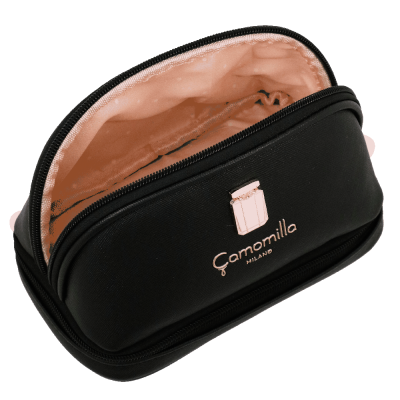 Bolsa de maquilhagem preta com interior bege e logótipo Camomilla Milano