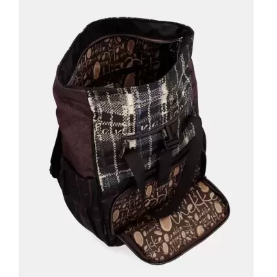 Mochila padrão quadriculado com interior e bolso castanho estampado com texto Anekke em branco