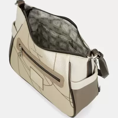 Mala bege e castanha aberta com interior forrado estampado