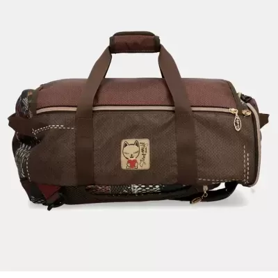 Mala de desporto castanha com patch de gato e alças de tecido