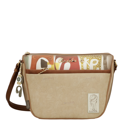Mala de ombro Anekke bege e castanha com padrão e etiqueta decorativa