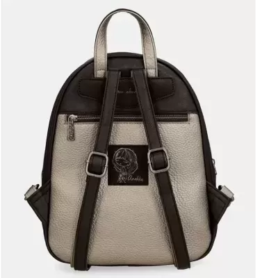 Mochila bicolor bege e castanho escuro em couro sintético com alças ajustáveis