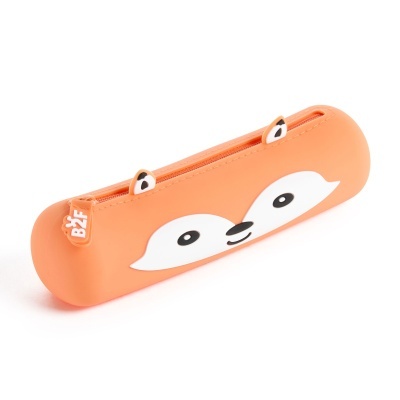 Estojo em silicone laranja com rosto e orelhas, fecho de correr B2F