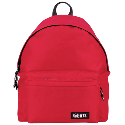 Mochila vermelha com bolso frontal e etiqueta Ghuts