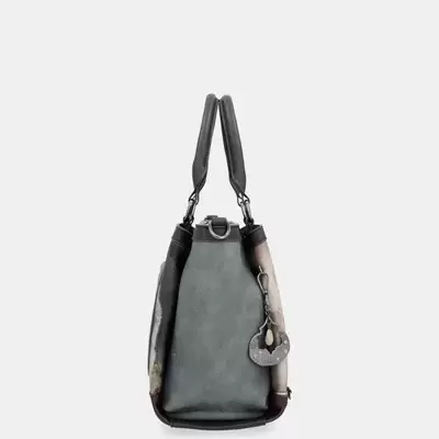 Mala de ombro cinzenta e castanha com alças pretas e pendente redondo