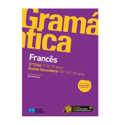 Capa roxa e amarela de livro de gramática francesa para ensino secundário.