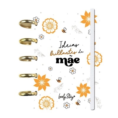 Caderno branco com flores laranja, abelhas, argolas douradas, faixa elástica e texto motivacional