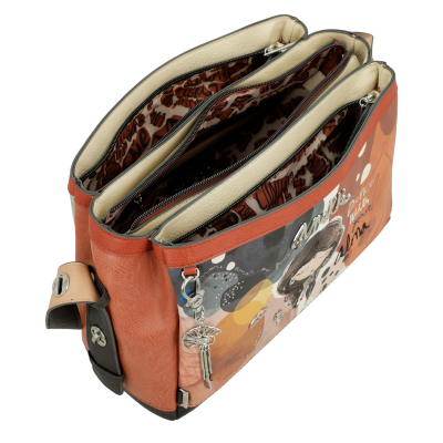 Mala de ombro castanha com três compartimentos e forro estampado