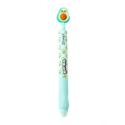Caneta azul clara com padrão de abacates e topo em forma de abacate sorridente