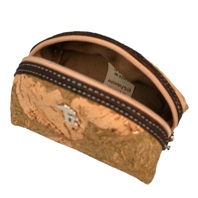 Bolsa pequena tipo carteira de cortiça com fecho de correr castanho aberta