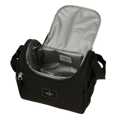 Bolsa térmica preta com interior cinzento e etiqueta Pepe Jeans