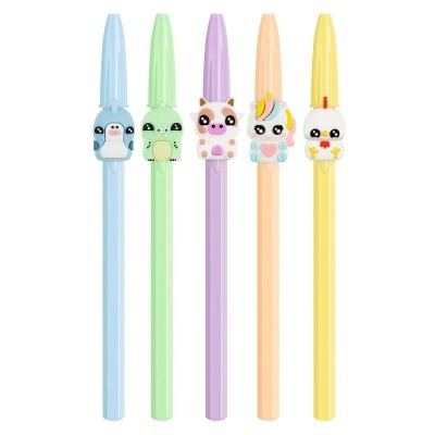 Cinco canetas coloridas com figuras de animais kawaii em silicone