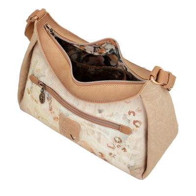 Mala de mão bege e castanha com fecho e estampado floral