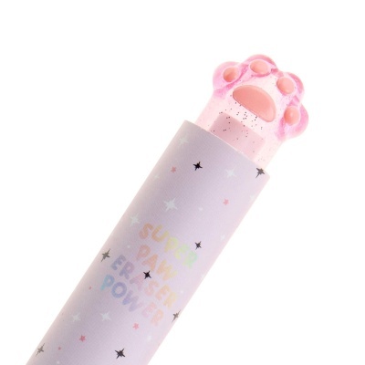 Apagador rosa em forma de pata com embalagem lilás decorada com estrelas