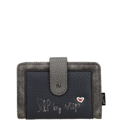 Carteira de couro preta com bordas cinzentas e fecho de aba