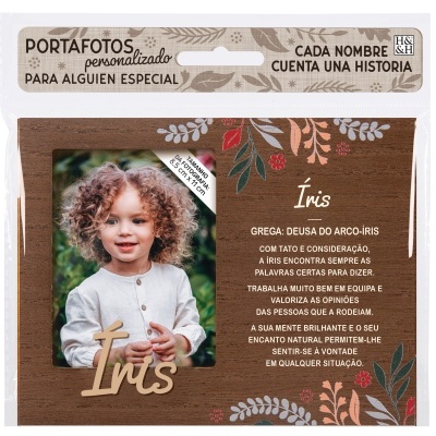 Portafotos de madeira castanha com decoração floral e texto impresso, em embalagem com texto promocional