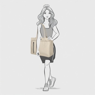Mala tote bege com bolso frontal e alças finas, em corpo feminino desenhado