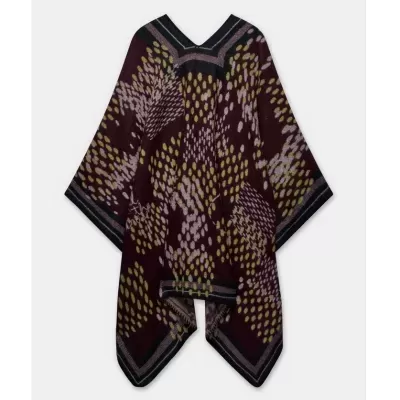 Poncho de malha com padrão abstrato em tons de vinho, amarelo e cinza