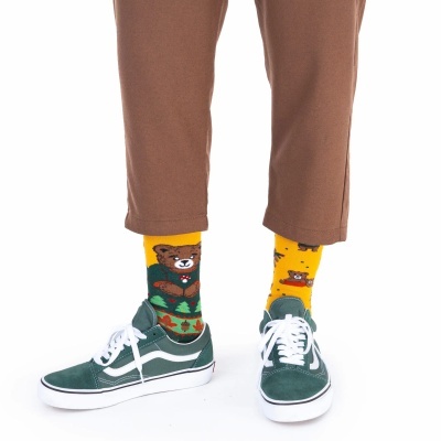 Meias amarelas com padrão de ursos castanhos, usadas com calças castanhas e sapatilhas verdes