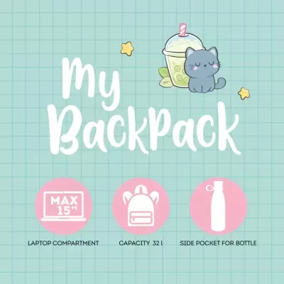 Ilustração de informações sobre mochila com texto e ícones rosa sobre fundo azul quadriculado