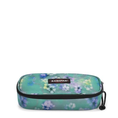 Estojo escolar Eastpak com padrão floral azul, lilás e amarelo sobre fundo verde