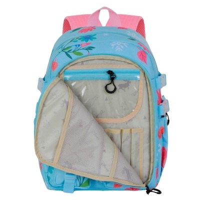 Mochila azul com padrão floral e interior bege com compartimentos