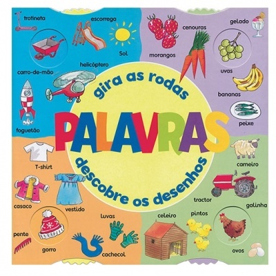 Jogo educativo com palavras e desenhos coloridos para aprender nomes em português.