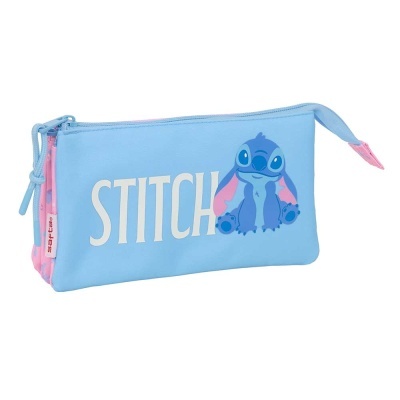 Estojo azul claro com estampa de personagem Stitch e texto STITCH