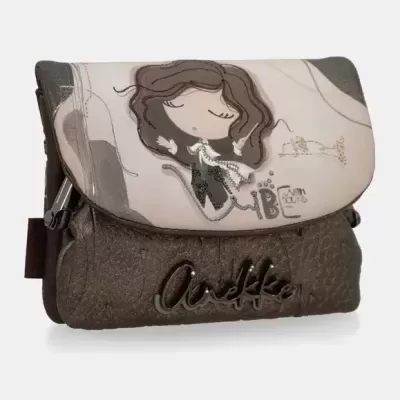 Mala de mão castanha com ilustração feminina e logótipo Anekke