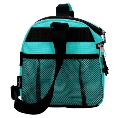 Mala pequena azul turquesa com bolso em rede preta e alça preta.