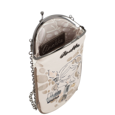 Bolsa pequena tipo porta-moedas em pele sintética branca com padrão abstrato e fecho metal prateado