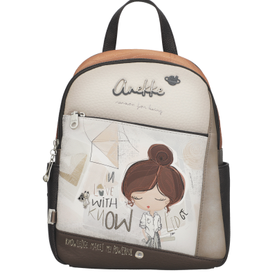 Mochila pequena bege e castanha com ilustração de rapariga e texto sobre conhecimento