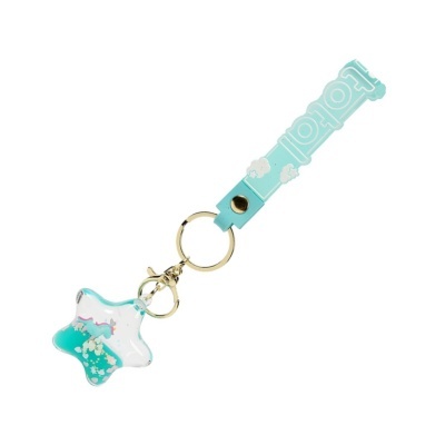 Chaveiro estrela transparente com líquido e partículas azuis e fita azul claro com texto TOY TOY