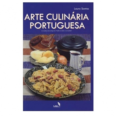 Capa de livro 'Arte Culinária Portuguesa' com prato de comida, pão, chouriço, cebola, jarro, caneca e panela preta sobre toalha às riscas.
