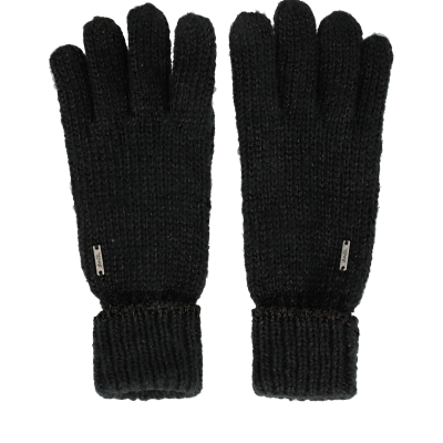 Par de luvas tricotadas pretas com punhos canelados e etiquetas metálicas.