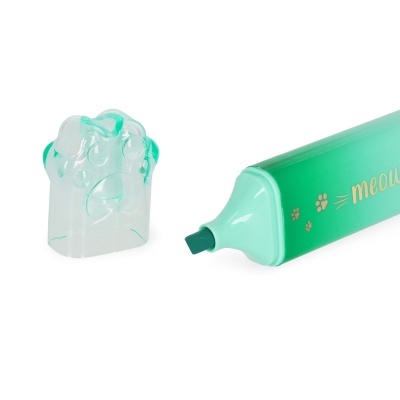 Marcador verde com tampa em forma de pata e texto meow