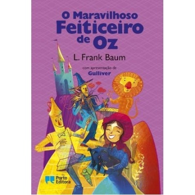 Capa do livro O Maravilhoso Feiticeiro de Oz com personagens coloridos e fundo roxo