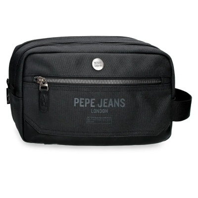 Bolsa preta de tecido com zíper prateado e texto Pepe Jeans London